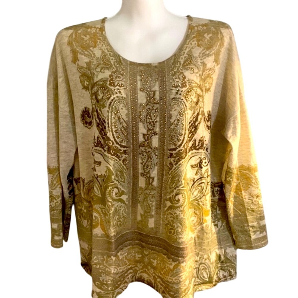 Women's 1X Beige Gold Paisley Beaded Embellished Long Sleeve Top Maximalist